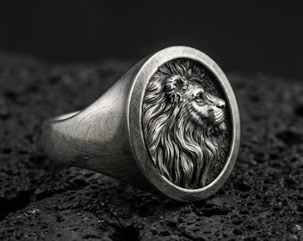 Sterling Silver Lion Signet Ring, Mens King of Beasts Gift for Him