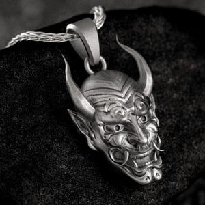 Oni Mask Pendant – Japanese Demon Necklace, Samurai Spirit Talisman, Silver Oni Jewelry