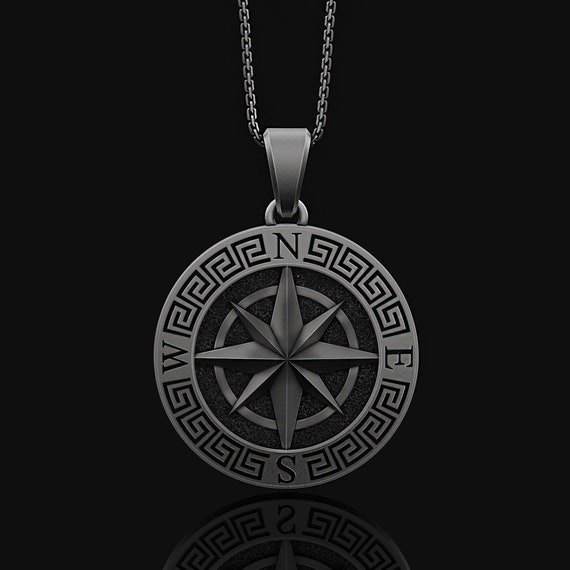 Men's Compass Necklace / Solid Sterling Silver / Rustic Oval