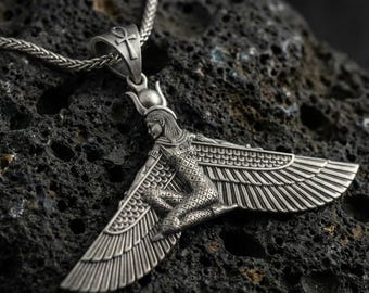 Sterling Silber Geflügelte Göttin Ankh Anhänger Halskette, ägyptische Mythologie