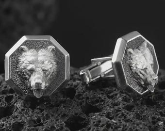 Manchetknopen berenkop, sterlingzilveren manchetknopen met dieren, grizzly huwelijkscadeau voor mannen