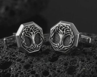 Yggdrasil Cufflinks, Sterling Silver Tree of Life Cuff Links, Viking Norse Wedding Gift for Men