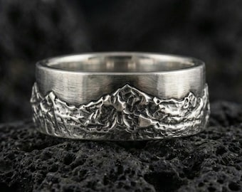 Sterling Silver Mountain Scene Ring, Nature Inspired Adventure Jewelry