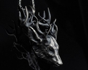 Silver Male Deer Head Necklace Stag Pendant Men's Animal Necklace Women's Gift For Him Birthday Christmas, Nature