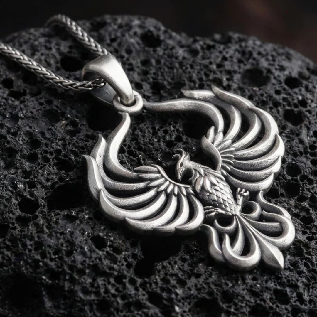 Phoenix Necklace, Sterling Silver, Mythical Bird, Unisex Rebirth