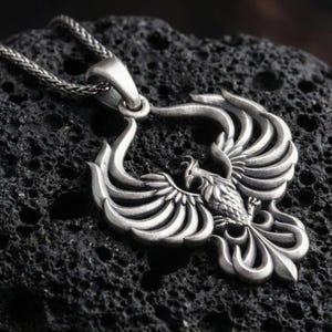 Phoenix Halskette, Sterling Silber, Mythischer Vogel, Unisex Wiedergeburt Symbol