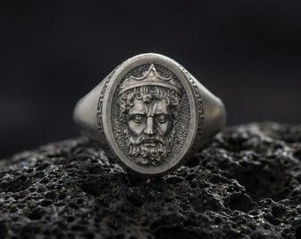 Sterling Silver Poseidon Ring - Greek Myth Neptune Jewelry