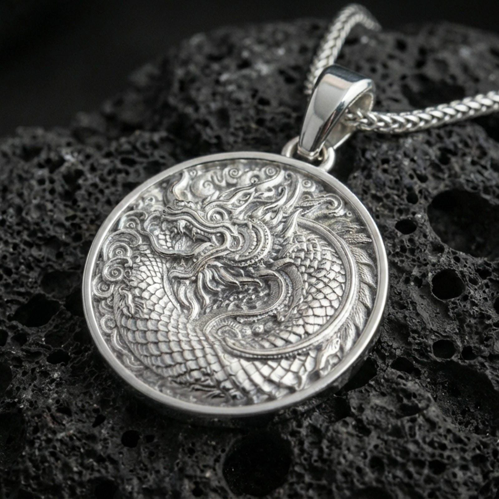 Oriental Dragon Medallion – 925 Silver Mythical Beast Necklace
