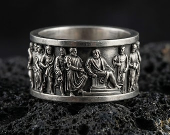 Men's Ancient Rome Sterling Silver Band Ring, Crowd Design