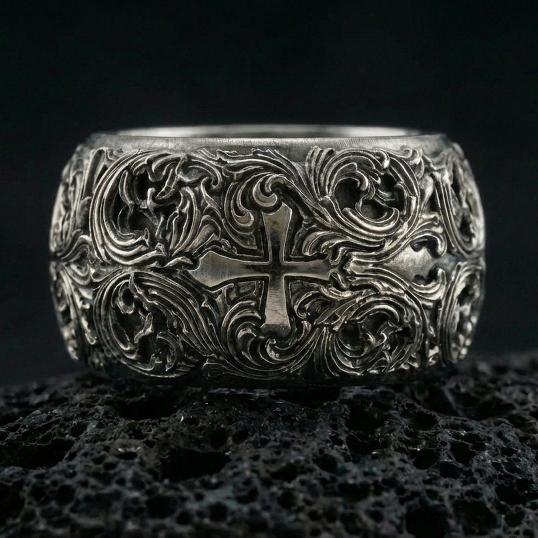 Gothic Cross Band Ring-SILVER925-クロスリング Gothic Cross Ring – Sterling Silver Medieval Christian Band