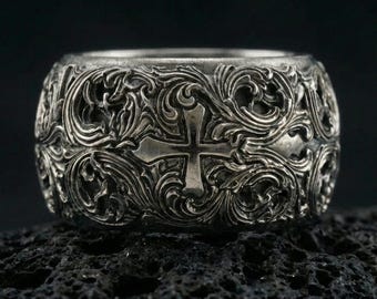 Gothic Cross Ring – Sterling Silver Medieval Christian Band, Ornate Religious Symbolic Jewelry for Men
