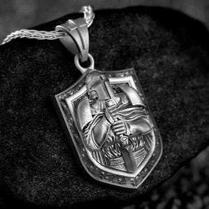 Knight Shield Pendant – Silver Medieval Templar Necklace, Gothic Crusader Sword Jewelry for Men