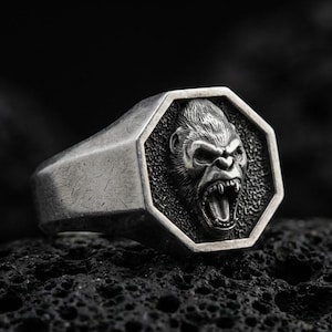 Anello con sigillo in argento sterling con gorilla, anello con scimmia ruggente in argento sterling 925, anello con volto ottagonale, regalo per uomo con forza primordiale