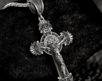 Large Gothic Crucifix Cross Necklace for Men Silver Jewelry Cross of Jesus Religious Catholic Gift Cross Pendant St Benedict