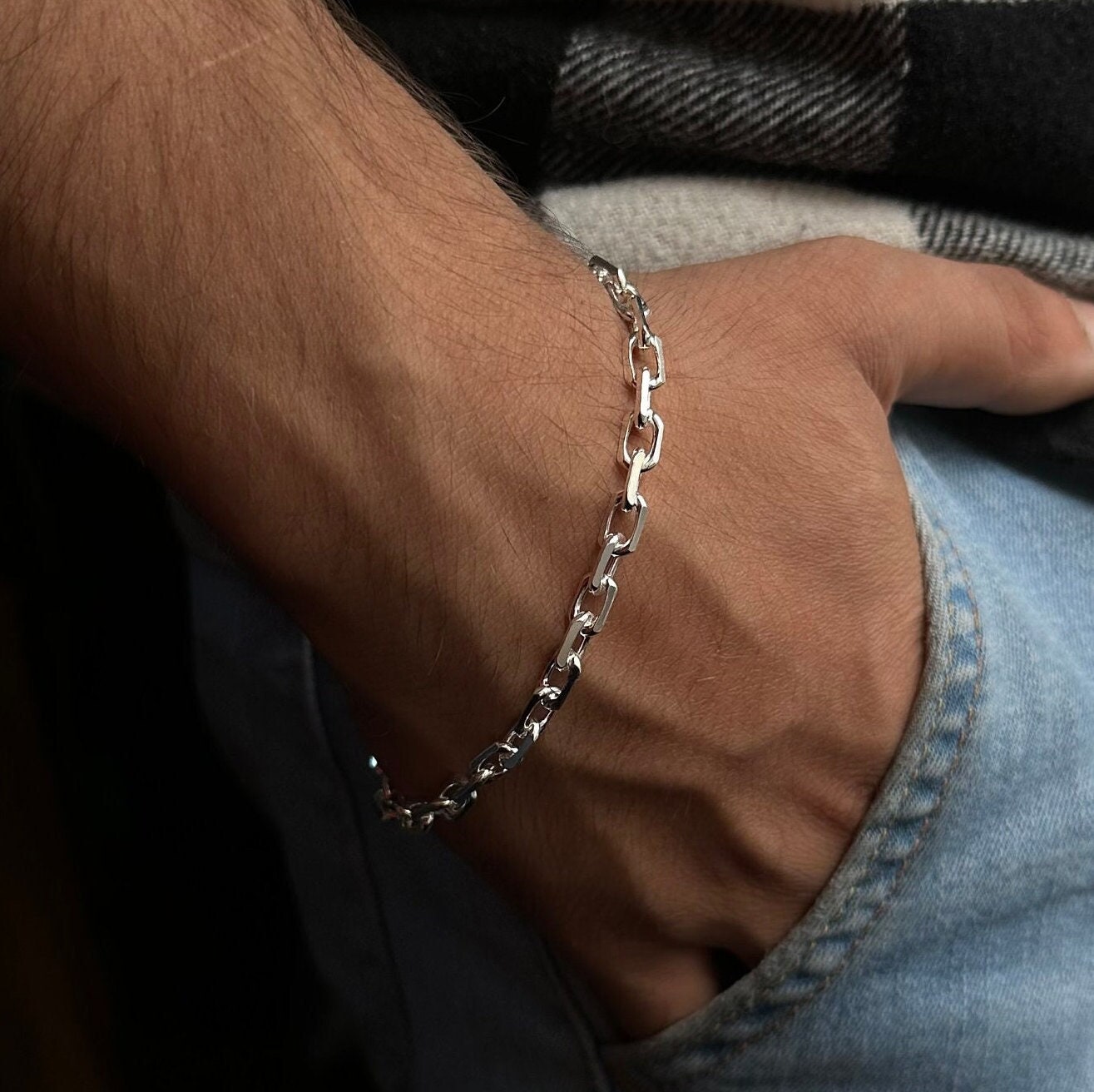  Silver links chain bracelet for men,men's bracelet, flat chain,  groomsmen gift, gift for him, mens jewelry, gift for boyfriend, silver :  Handmade Products