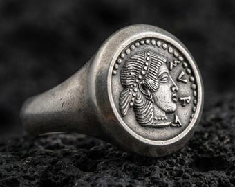 Sterling Silver Greek Coin Signet Ring, Historical Jewelry