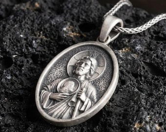 Sterling Silver St Jude Pendant Necklace, Religious Medal