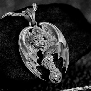 Dragon Cross Pendant – Silver Fantasy Gothic Necklace, Norse Medieval Dragon Jewelry for Men