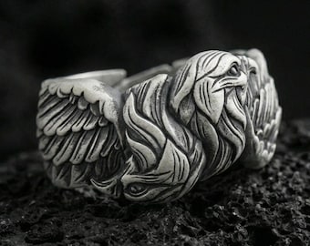 Sterling Silver Eagle Ring, Feather Band, Wildlife Jewelry