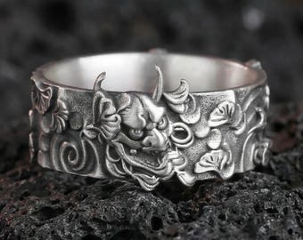 Sterling Silver Oni Mask Ring, Japanese Demon Samurai Ring