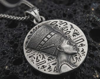 Sterling Silver Nefertiti Pendant Necklace, Egyptian Ankh Charm