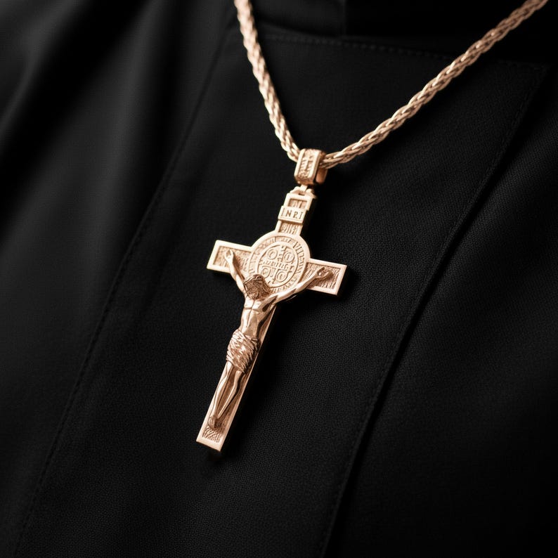 INRI Kruzifix-Halskette mit Jesus-Figur - Katholischer christlicher Kreuzanhänger mit Rosenenden - Glaube Schmuck in Silber & Gold Rose Gold Finish