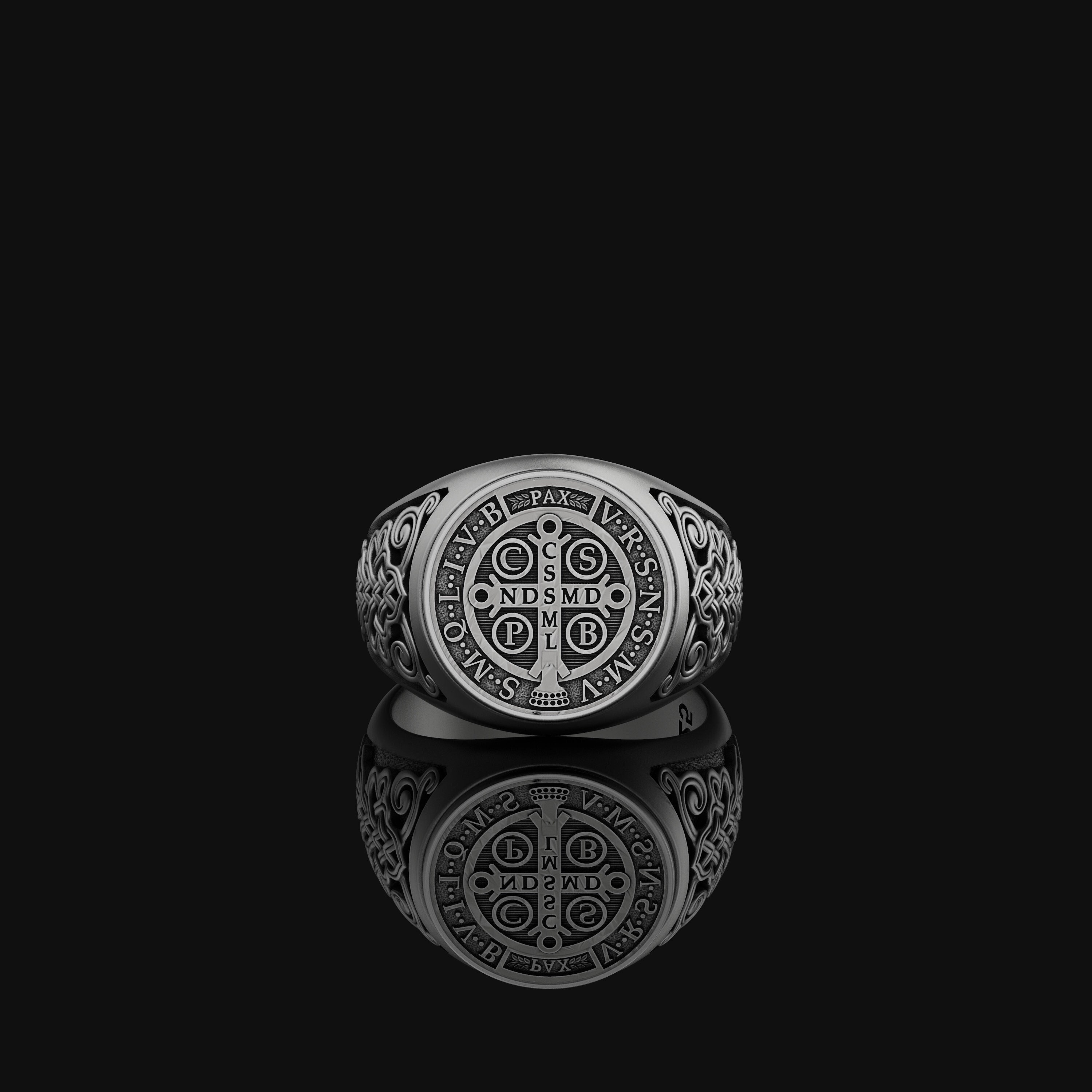 St Benedict Medal Signet of Exorcism Cross Ring Jewelry Mens Religious Accessory Christian Oxidized 925 Sterling Silver Cross Gift for him