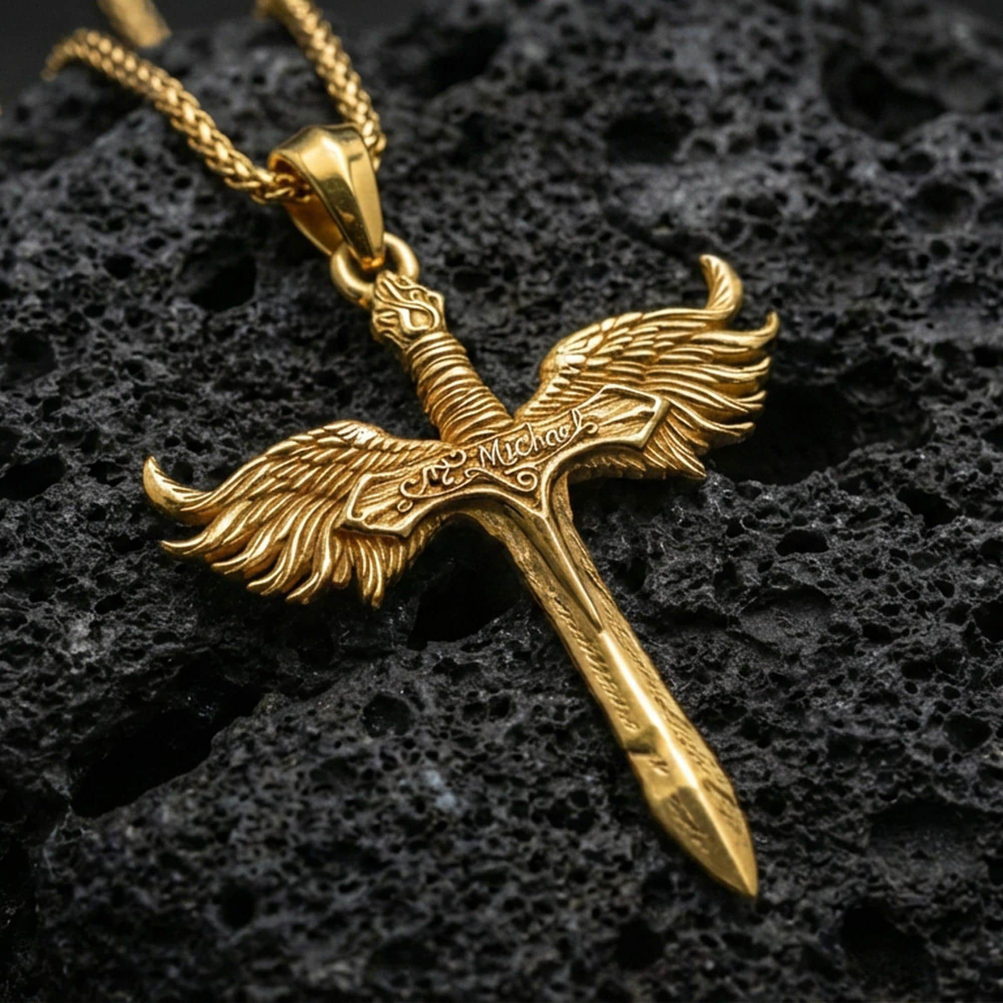 スターリングシルバーの大天使ミカエルの剣ネックレス、翼のある宗教的