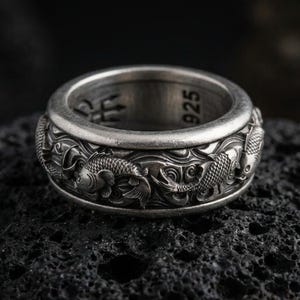 Sterling Silver Koi Fish Spinner Ring, Engraved Wedding Band
