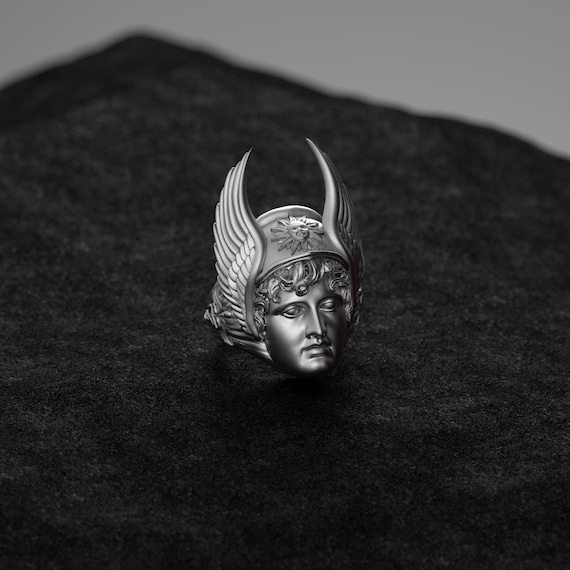 Silver Greek God Hermes Ring Caduceus Symbol, Winged Helmet