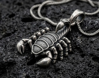 May include: A silver-toned scorpion pendant necklace featuring a detailed, textured exoskeleton and curved tail. The pendant is attached to a thin, woven silver-toned chain, showcasing a metallic finish with dark, recessed detailing on the body.