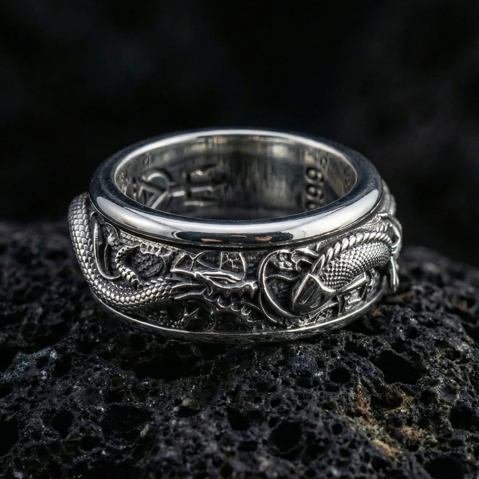 Spinning Dragon and Carp Fish 925 Sterling Silver Ring, Fusion of