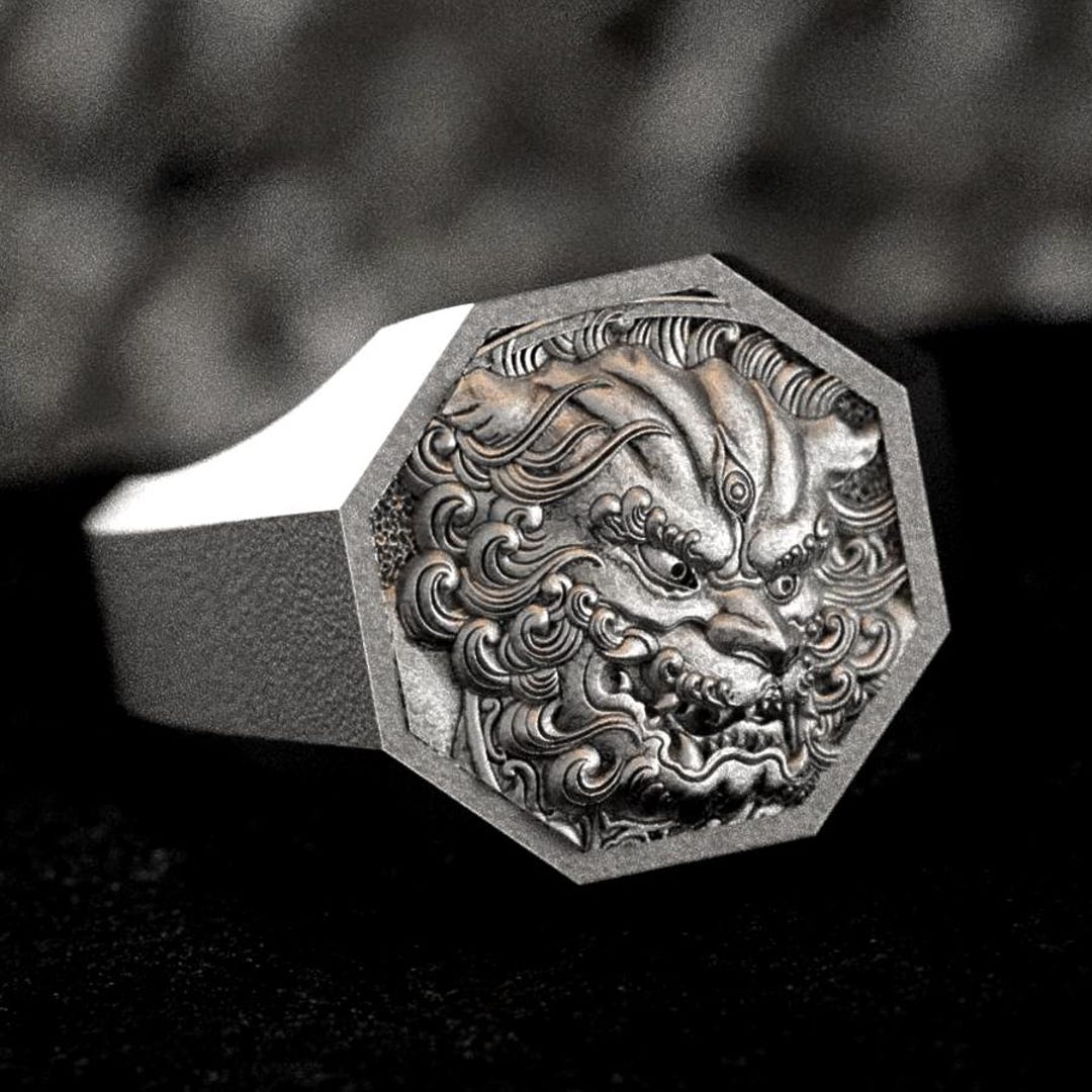 Foo Dog Signet Ring Silver, Chinese Guardian Lion Ring for Men