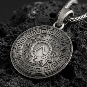 Spartan Shield Pendant Necklace Ancient Greek Warrior Medallion Greek Key Battle Symbol Jewelry