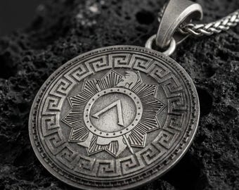 Spartan Shield Pendant Necklace Ancient Greek Warrior Medallion Greek Key Battle Symbol Jewelry