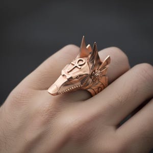 Silver Anubis Ring, Egyptian Ring, Gothic Ring, Mythology, Egyptian God Ring, Ankh Ring, Anubis Jewelry, Eye Of Horus, Ancient Egypt Rose Gold Finish