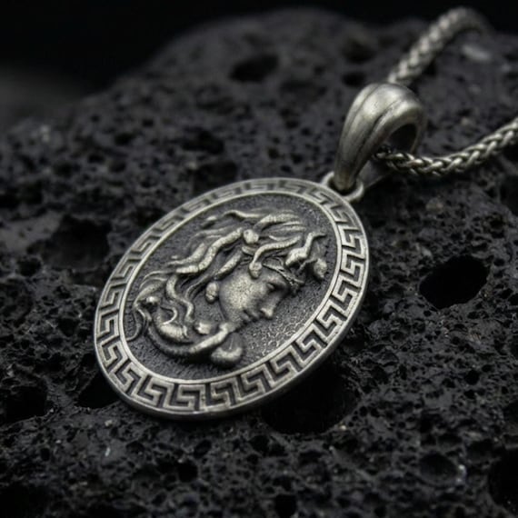 Oxidized Sterling Silver Medusa Pendant, Greek Mythology Necklace