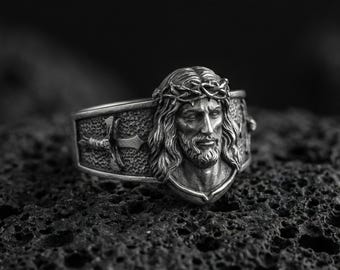Sterling Silver Jesus Christ Ring, Oxidized Cross Religious Jewelry