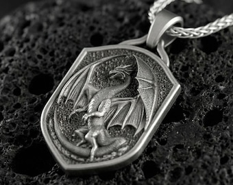 Sterling Silver Dragon Pendant Necklace, Fantasy Jewelry, Mythical Creature Amulet