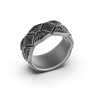 Silver Floral Geometric Wedding Band, Sterling Silver, Anniversary Ring, Birthday Gift, Engagement Ring, Men&#39;s Wedding Band