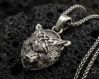 Sterling Silver Fenrir Wolf Pendant, Nordic Viking Necklace