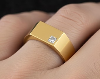 Minimalist Square Gemstone Ring – Modern 925 Silver or Solid Gold & Rose Gold Band, Contemporary Mens or Womens Jewelry