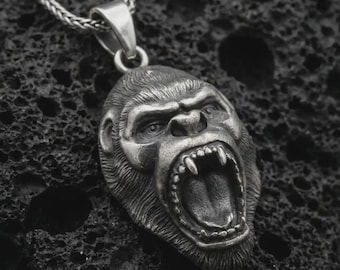 Gorilla Pendant Necklace, Sterling Silver Ape Head Jewelry, Strength Animal Amulet Gift for Men