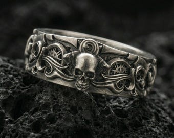 925 Silver Gothic Skull Wedding Band - Alternative Jewelry