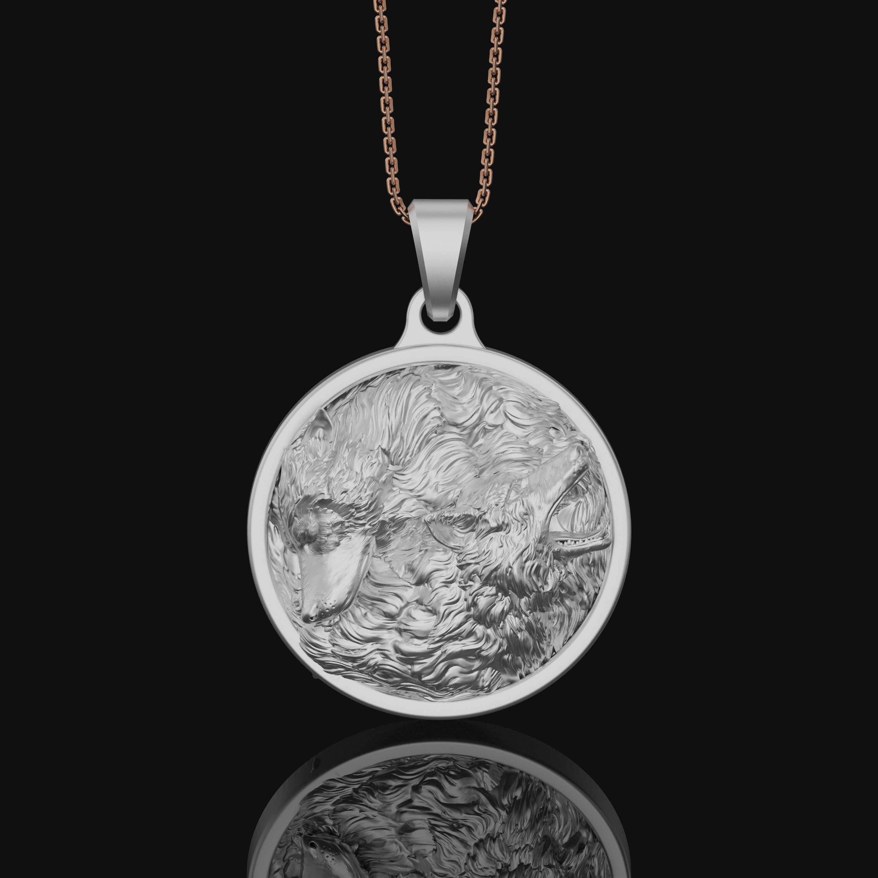 925 Sterling Silver Twin Wolf Heads Necklace, Nordic Wolves