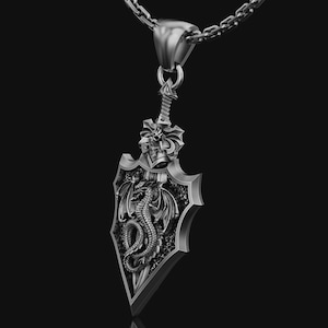 Silver Knight Sword Dragon Pendant Men Necklace Accessory Gift - Etsy