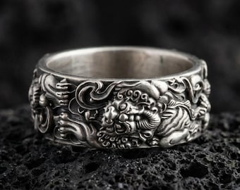 Sterling Silver Dragon Band Ring, Oxidized Lion Design
