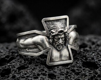 Silver Jesus Crucifixion Band - Religious Jewelry, Christian Faith Ring, Symbolic Gift, Elegant Spiritual Band