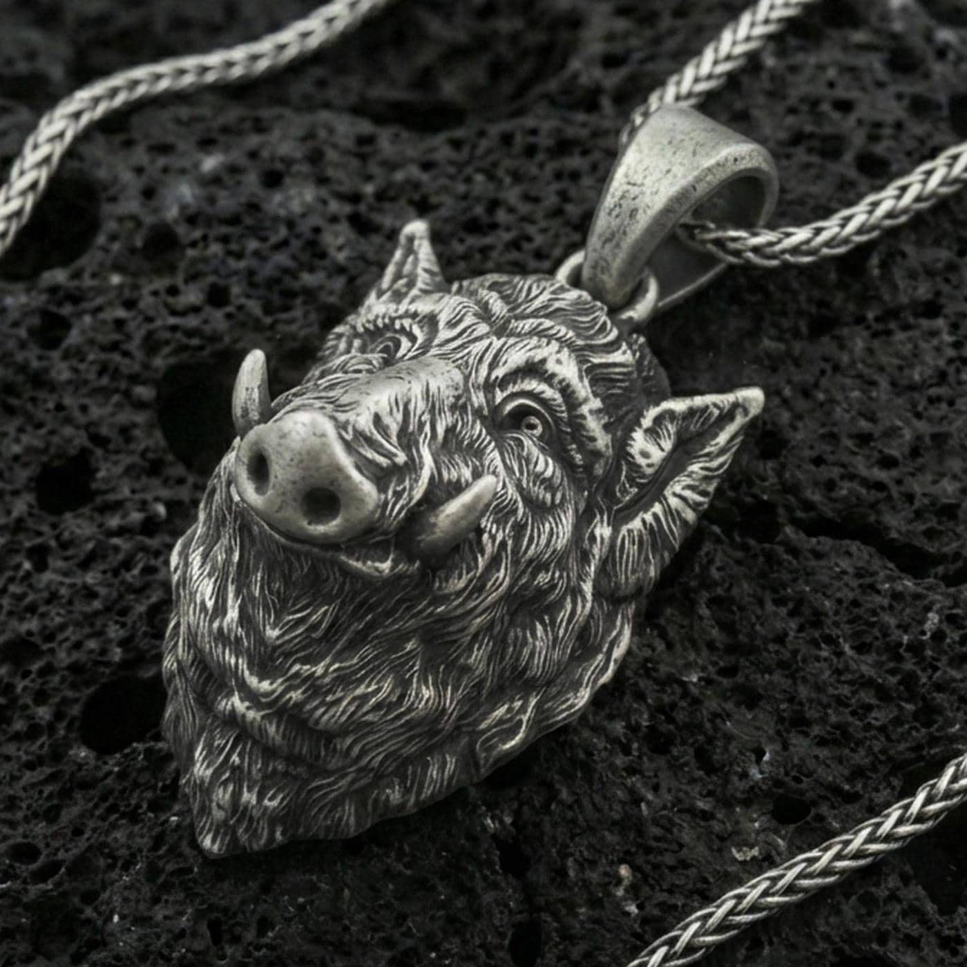 Sterling Silver Boar Head Necklace, Oxidized Wild Pig Pendant - Etsy