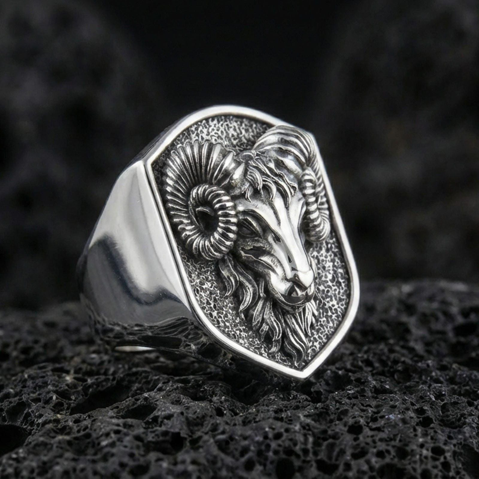 Sterling Silver Large Aries Ram Shield Shape Ring, Zodiac Jewelry